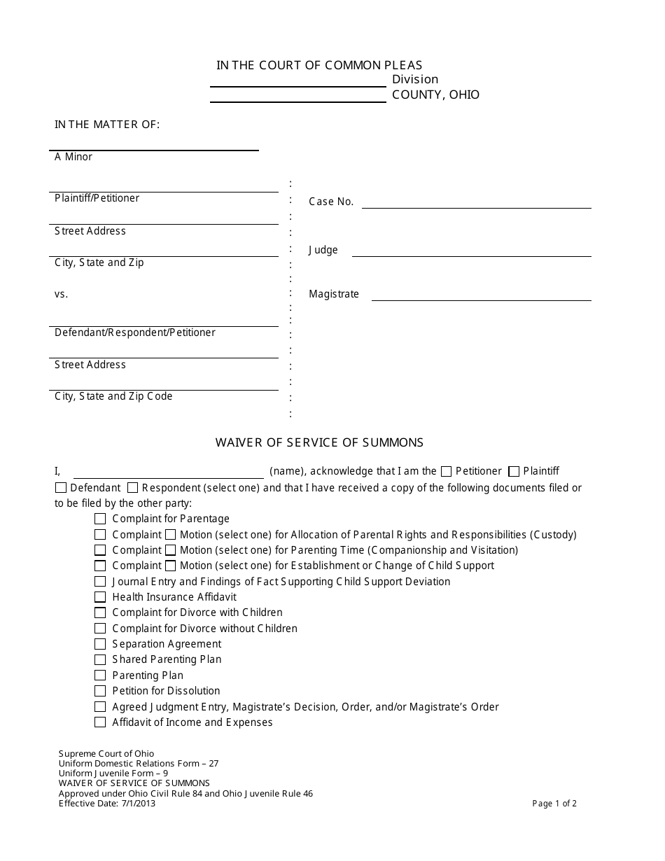 Uniform Domestic Relations Form 27 (Uniform Domestic Relations Form 9) Waiver of Service of Summons - Ohio, Page 1