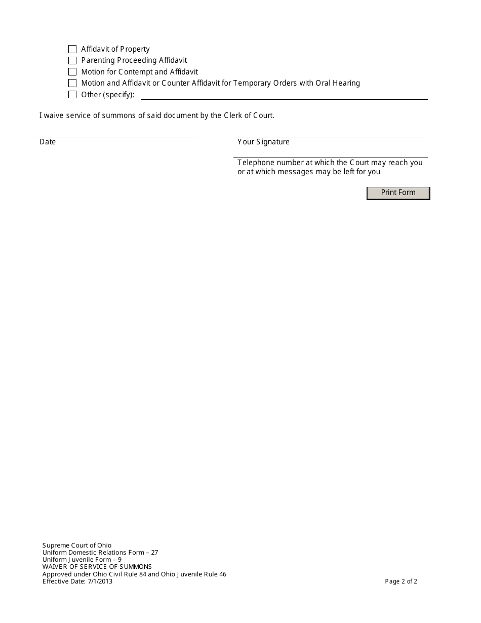 Uniform Domestic Relations Form 27 (Uniform Domestic Relations Form 9) Waiver of Service of Summons - Ohio, Page 2