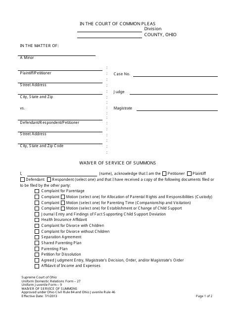 Uniform Domestic Relations Form 27 (Uniform Domestic Relations Form 9) Waiver of Service of Summons - Ohio