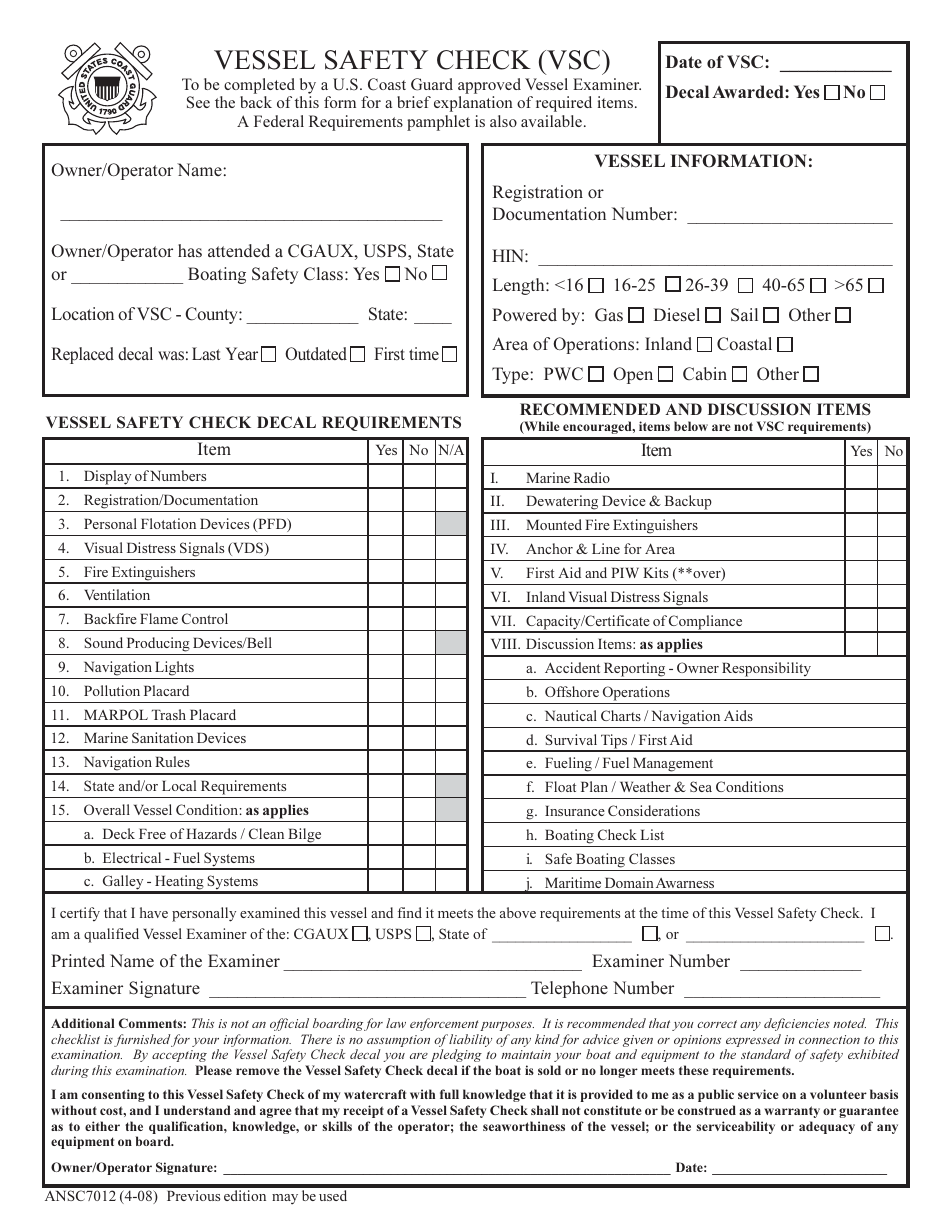 Form ANSC7012 Vessel Safety Check (Vsc), Page 1