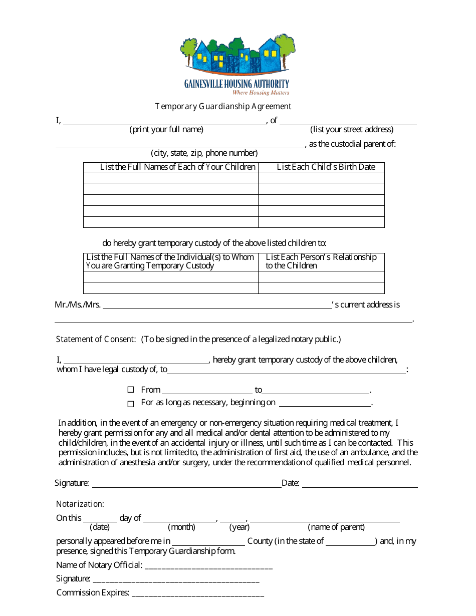 Temporary Guardianship Agreement - Gainesville Housing Authority, Page 1