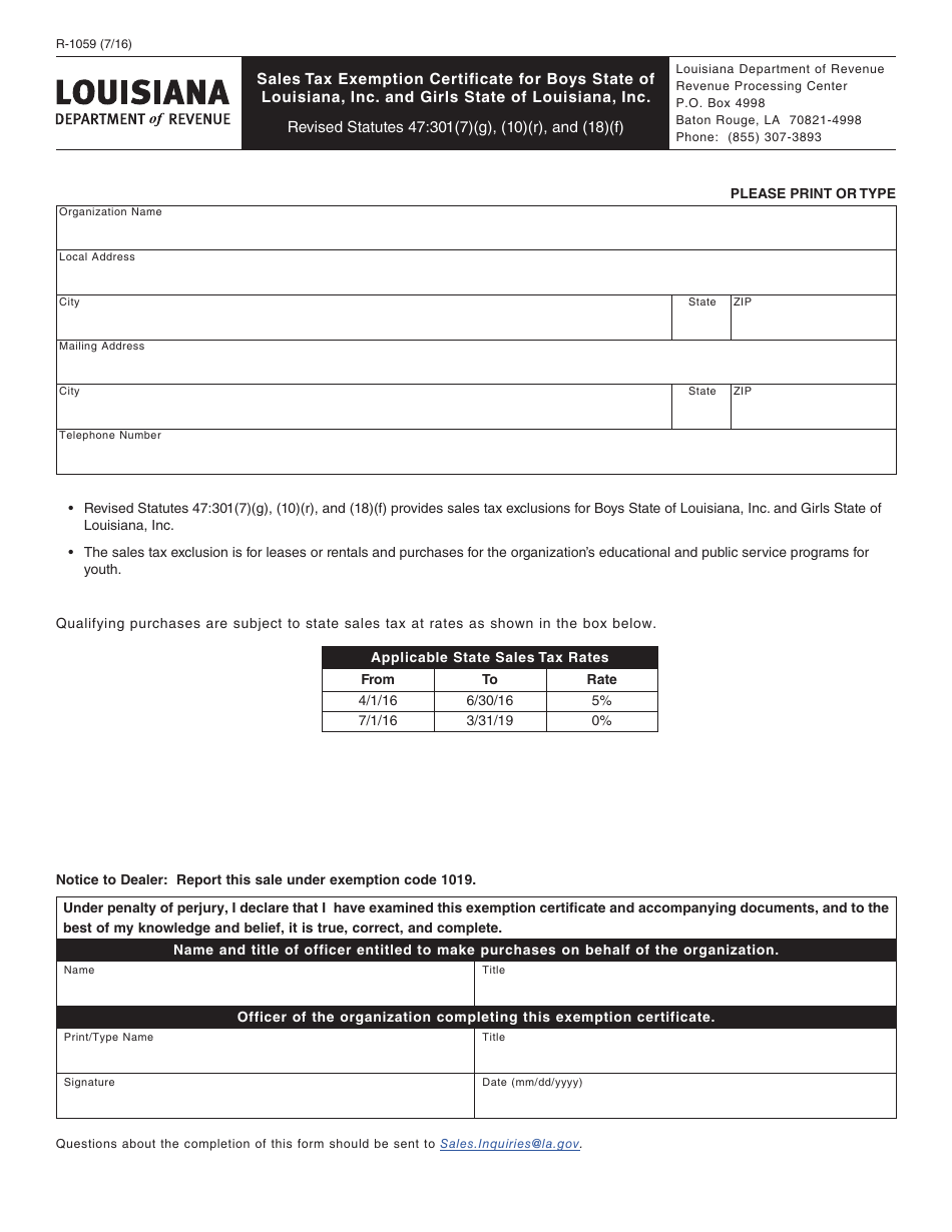 Form R-1059 Sales Tax Exemption Certificate for Boys State of Louisiana, Inc. and Girls State of Louisiana, Inc. - Louisiana, Page 1