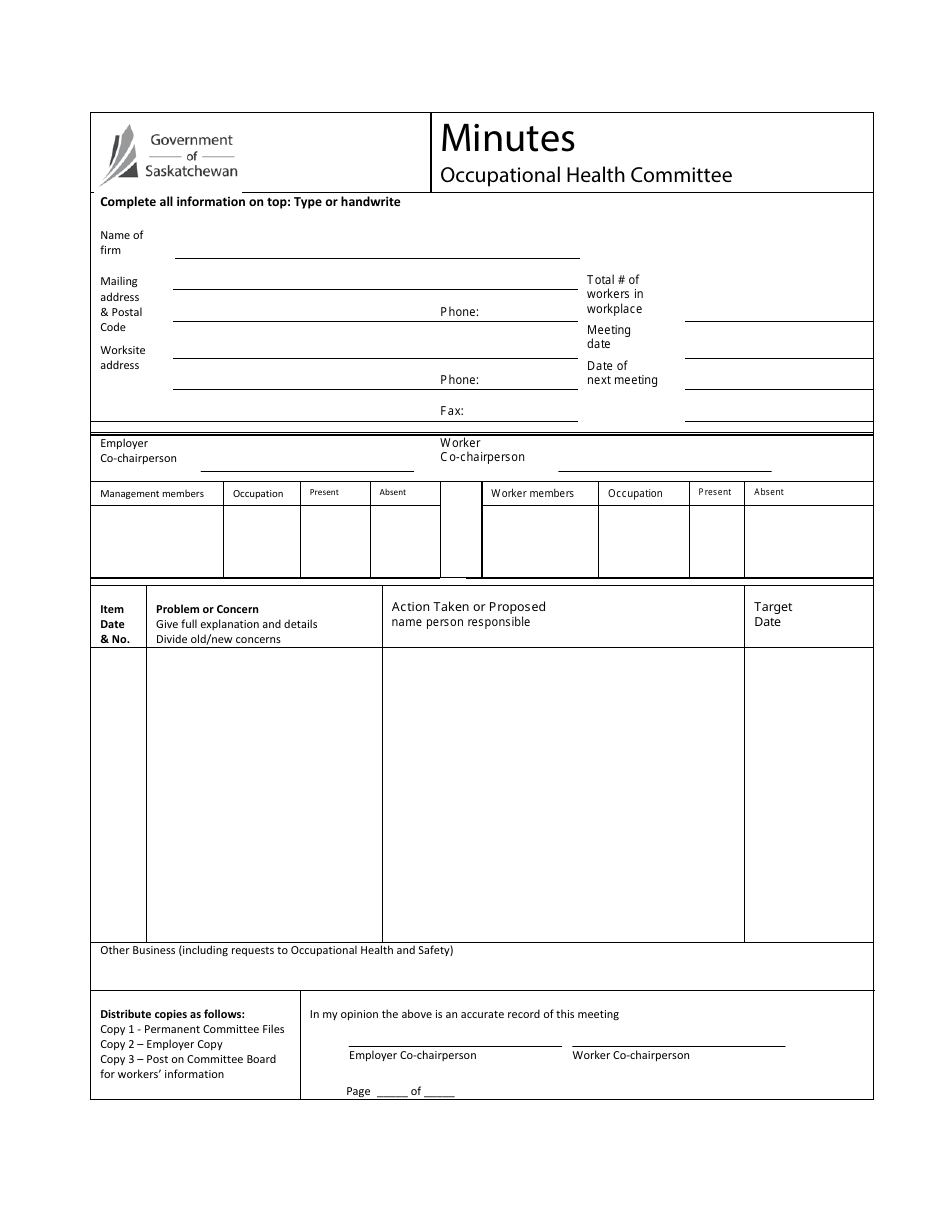 Occupational Health Committee Minutes Form - Saskatchewan, Canada, Page 1