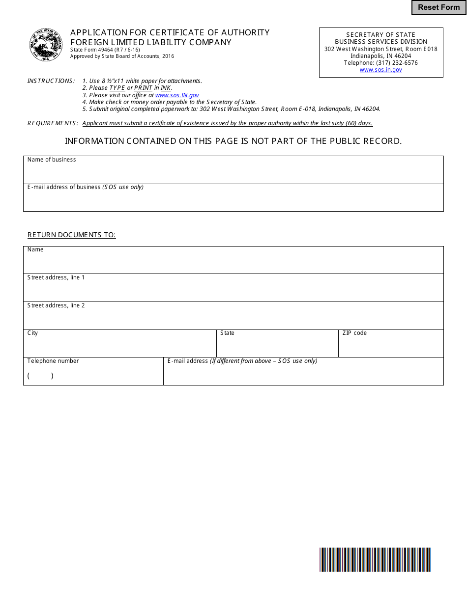 State Form 49464 Application for Certificate of Authority Foreign Limited Liability Company - Indiana, Page 1