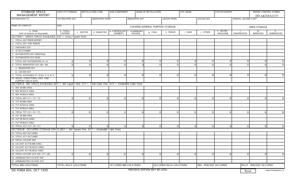 DD Form 805 Storage Space Management Report, Page 1