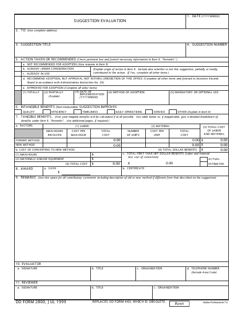 DD Form 2800 Suggestion Evaluation