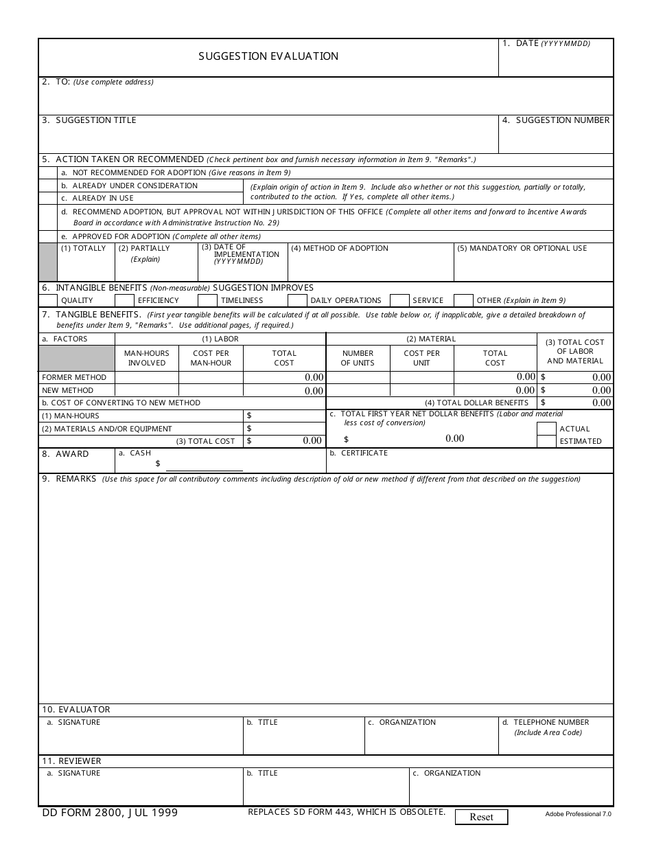 DD Form 2800 Suggestion Evaluation, Page 1