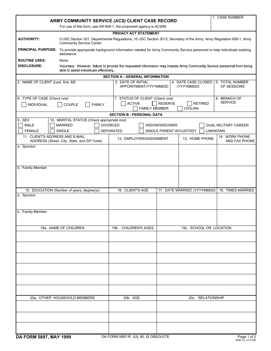 DA Form 5897 Army Community Service (Acs) Client Case Record, Page 1