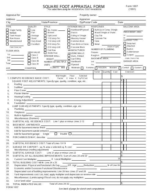 Form 1007 Square Foot Appraisal Form