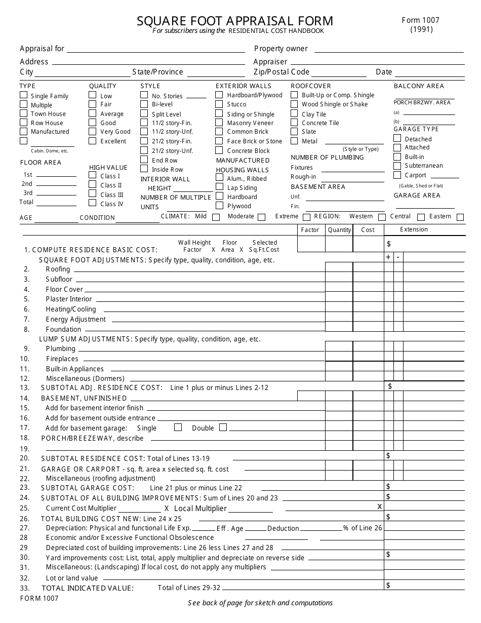 Form 1007 Square Foot Appraisal Form, Page 1