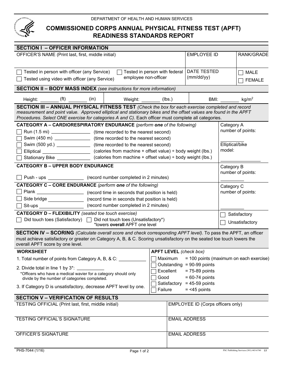 Form PHS-7044 Commissioned Corps Annual Physical Fitness Test (Apft) Readiness Standards Report, Page 1