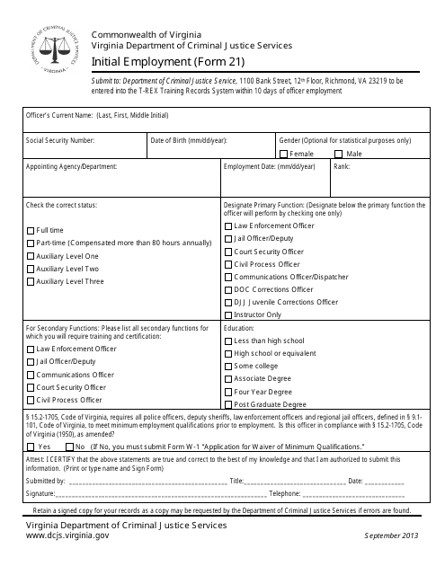 Form 21 Initial Employment - Virginia