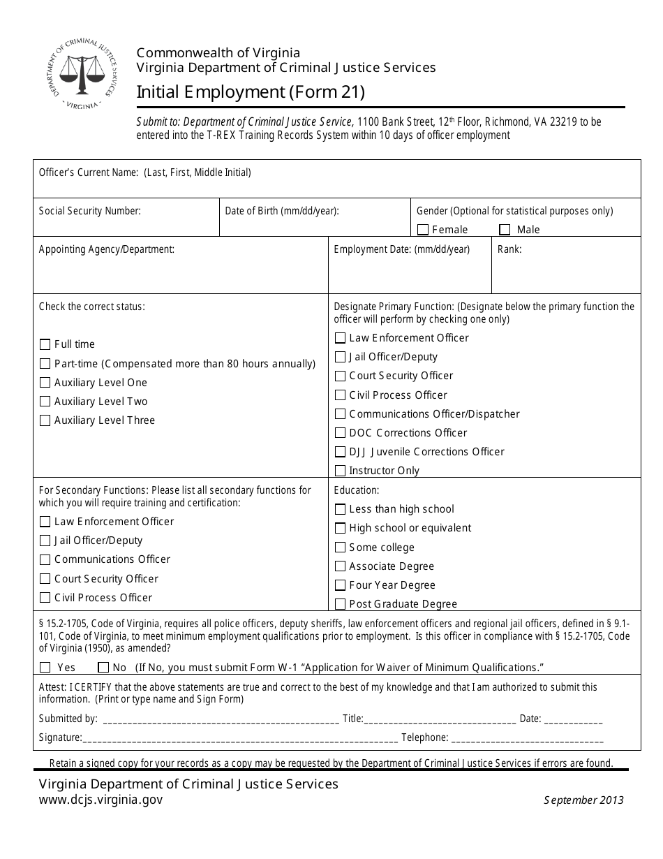 Form 21 Download Fillable PDF Or Fill Online Initial Employment 