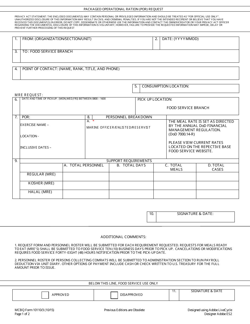 Form 10110 / 3 Packaged Operational Ration (Por) Request, Page 1