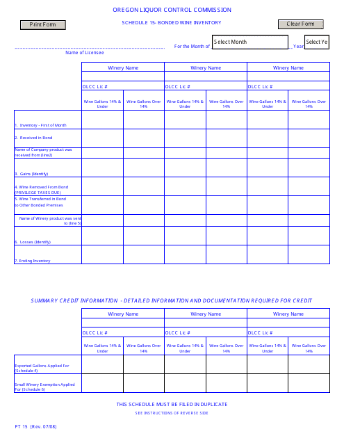 Form PT15 Schedule 15  Printable Pdf