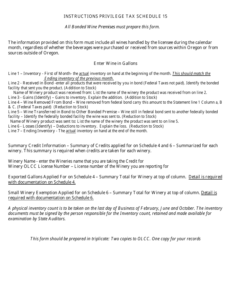 Form PT15 Schedule 15 Bonded Wine Inventory - Oregon, Page 2