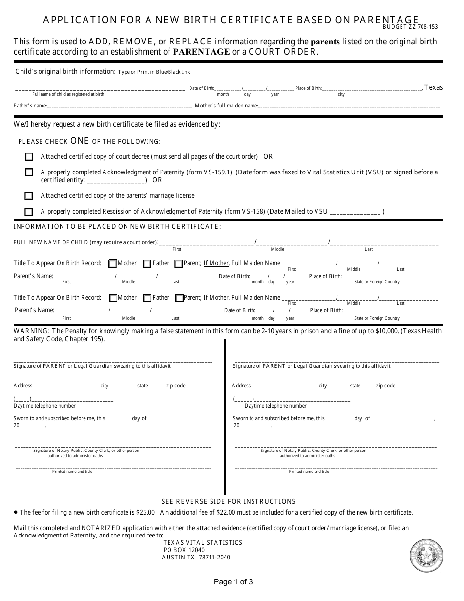 Form VS-166 Application for a New Birth Certificate Based on Parentage - Texas, Page 1
