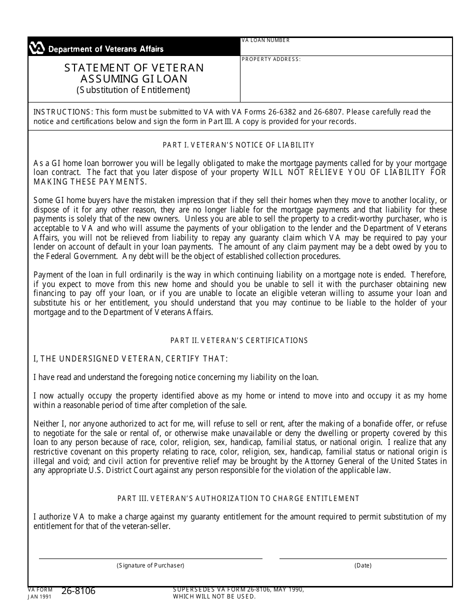 VA Form 26-8106 Statement of Veteran Assuming Gi Loan, Page 1