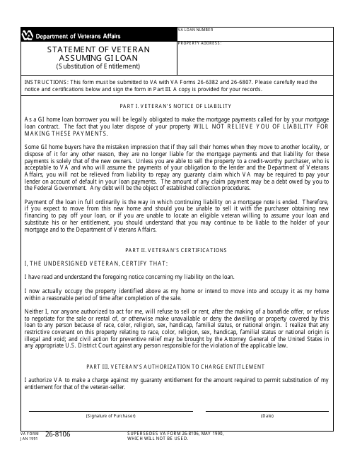 VA Form 26-8106 Statement of Veteran Assuming Gi Loan