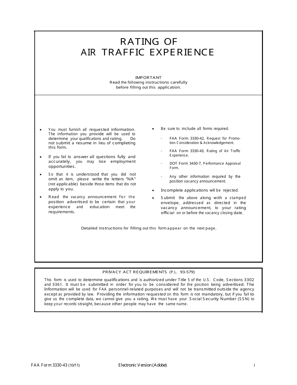 FAA Form 3330-43 Rating of Air Traffic Experience, Page 1