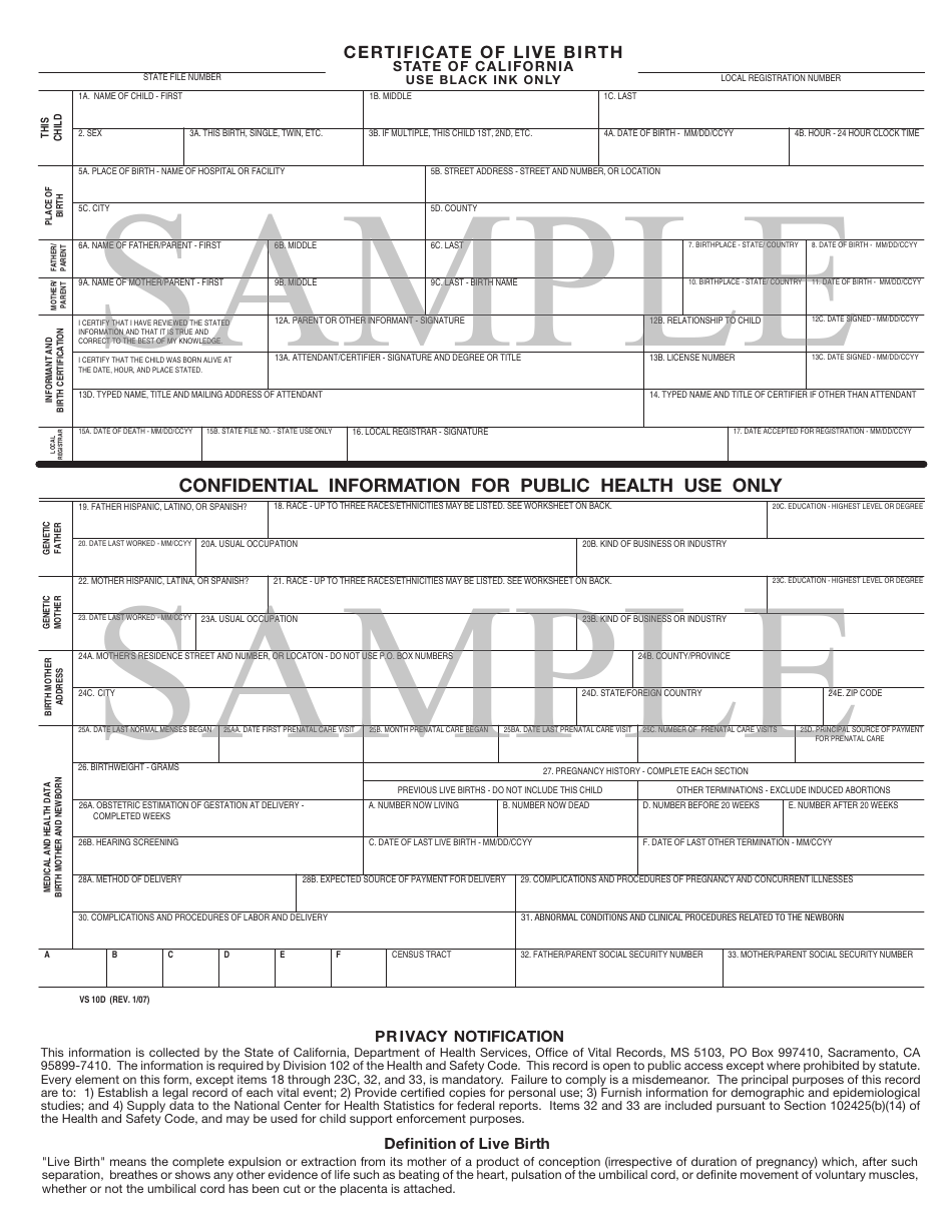 Form VS10d Sample Certificate of Live Birth - California, Page 1