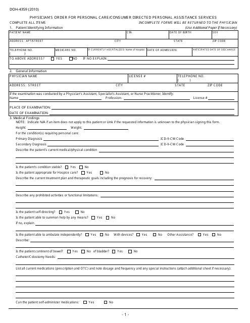 Form DOH-4359 Physician's Order for Personal Care/Consumer Directed Personal Assistance Services - New York