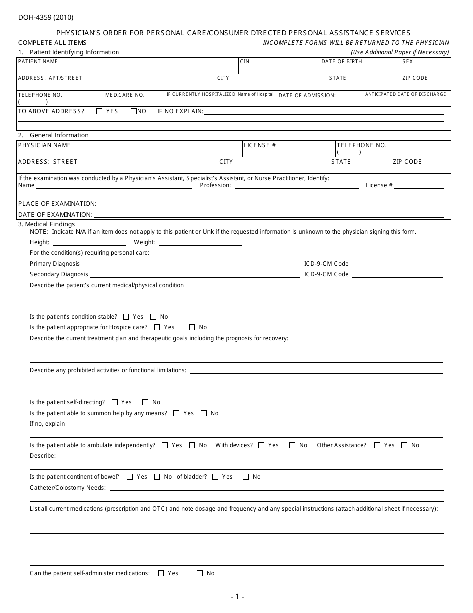 Form DOH-4359 Physicians Order for Personal Care / Consumer Directed Personal Assistance Services - New York, Page 1