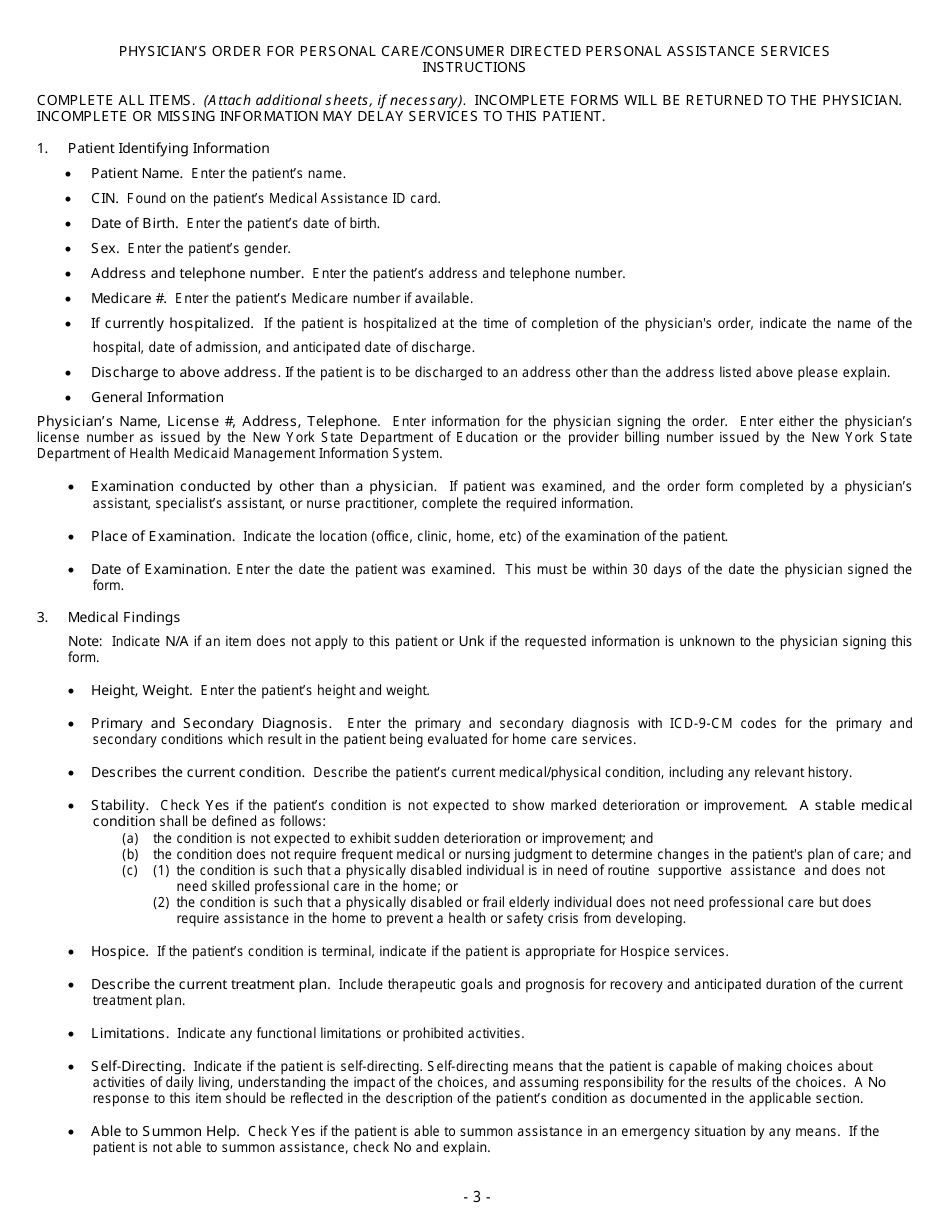 Form DOH-4359 Physicians Order for Personal Care / Consumer Directed Personal Assistance Services - New York, Page 3