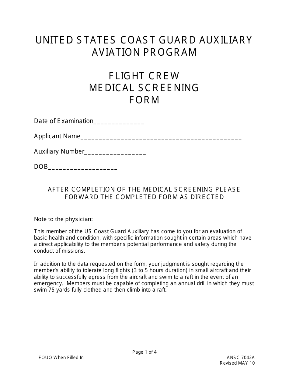 Form ANSC7042A Flight Crew Medical Screening Form, Page 1