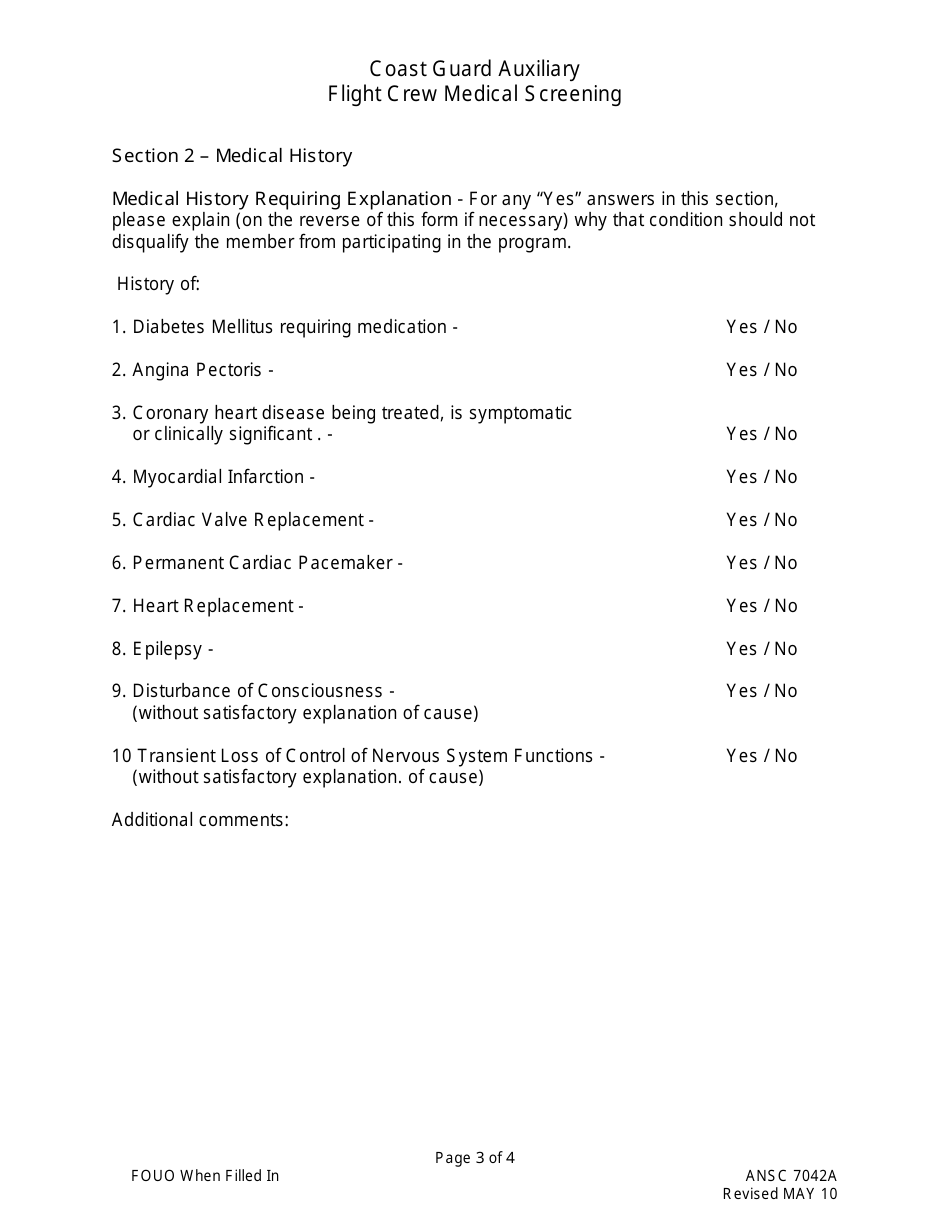 Form ANSC7042A Flight Crew Medical Screening Form, Page 3