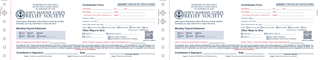 &quot;Contribution Form - the Secretary of the Navy's Active Duty Fund Drive in Support of the Navy-Marine Corps Relief Society&quot;