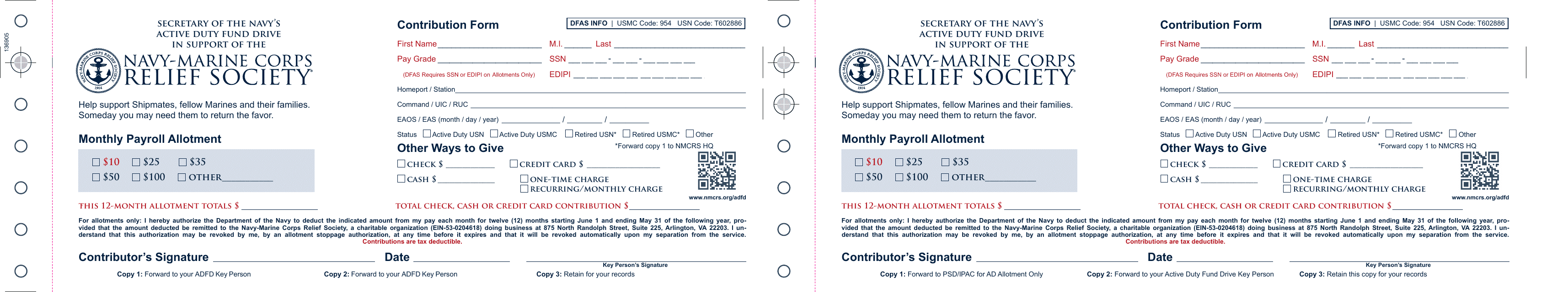 Contribution Form - the Secretary of the Navy's Active Duty Fund Drive in Support of the Navy-Marine Corps Relief Society