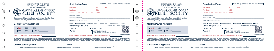 Contribution Form - the Secretary of the Navys Active Duty Fund Drive in Support of the Navy-Marine Corps Relief Society, Page 1