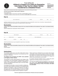 Document preview: Form MVU-33 Affidavit in Support of a Claim for Exemption From Sales or Use Tax for a Motor Vehicle Transferred to a Disabled Person - Massachusetts