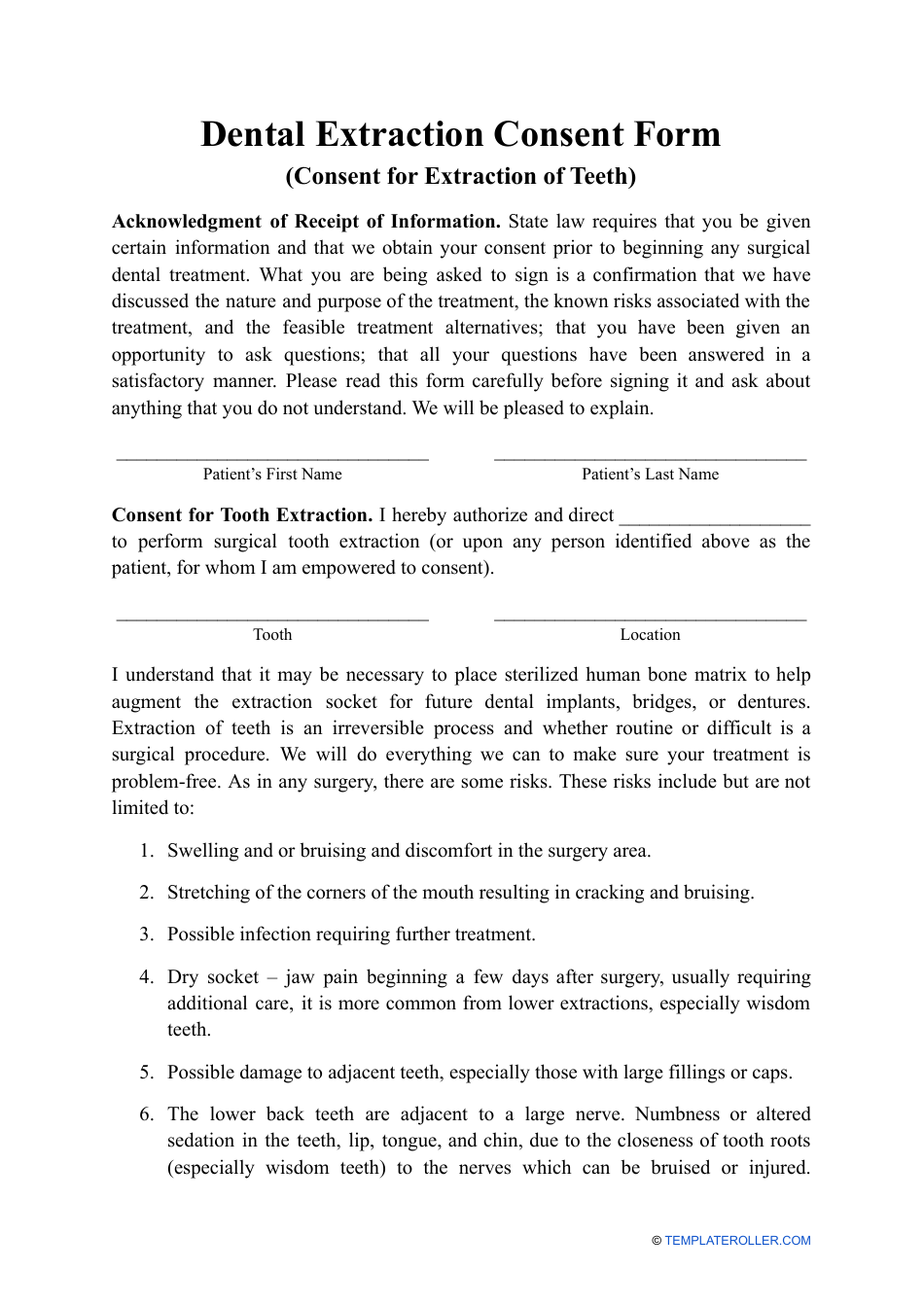 Dental Treatment Consent Form Template