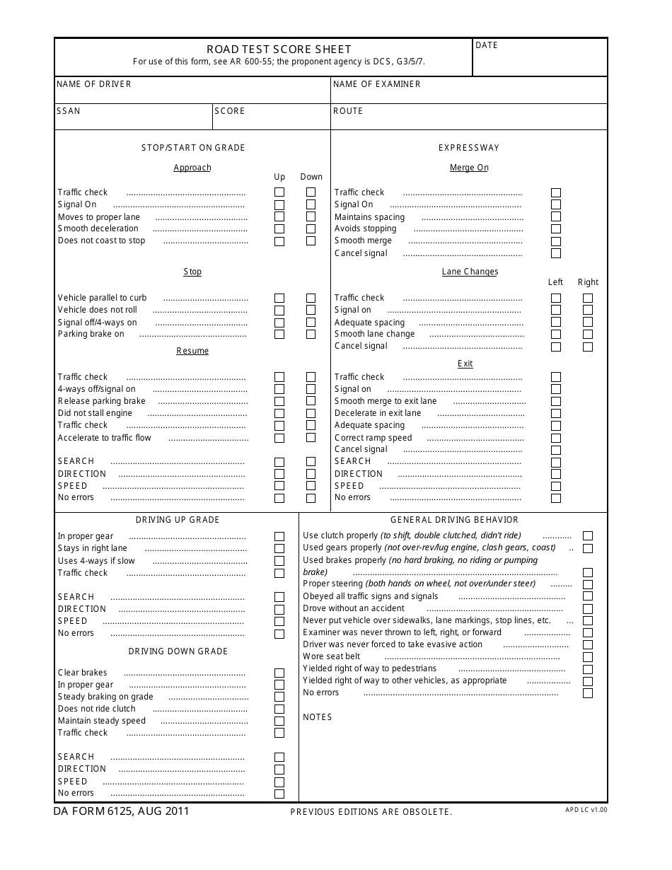 DA Form 6125 Road Test Score Sheet, Page 1