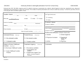 Form OH-12 &quot;Dental Screening/Examination for School Entry&quot; - Kentucky