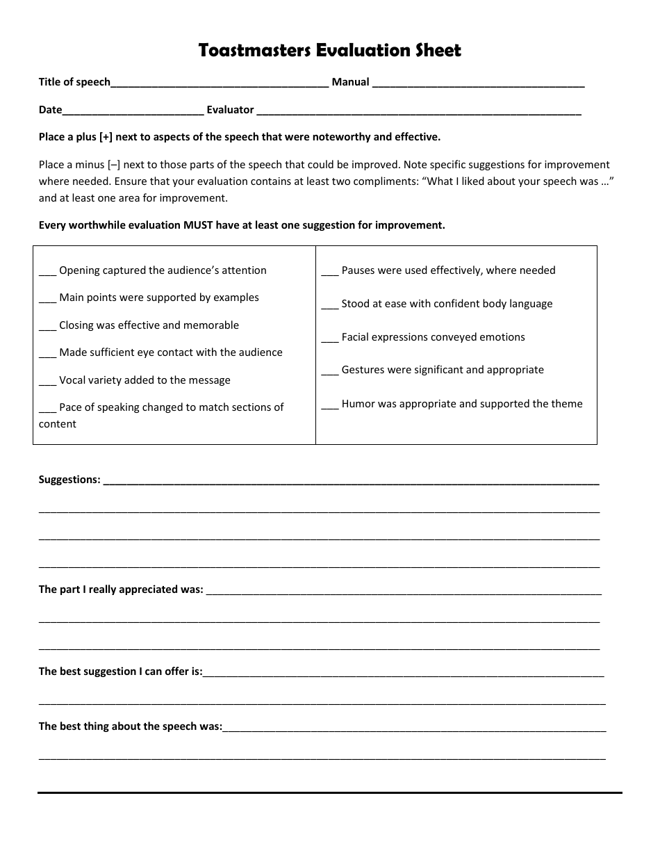 Toastmasters Evaluation Sheet Template - Image Preview