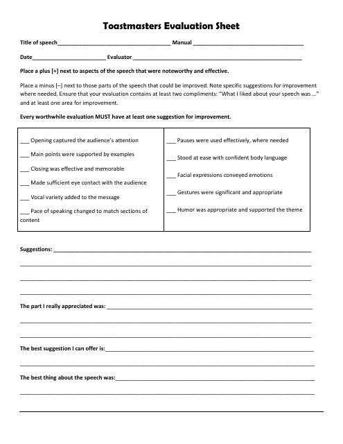 Toastmasters Evaluation Sheet Template
