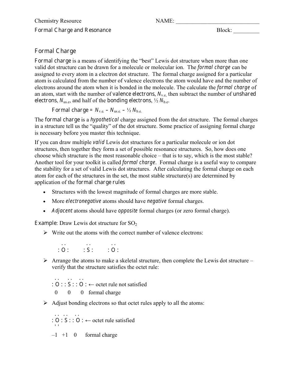 Formal Charge and Resonance Chemistry Worksheet Preview