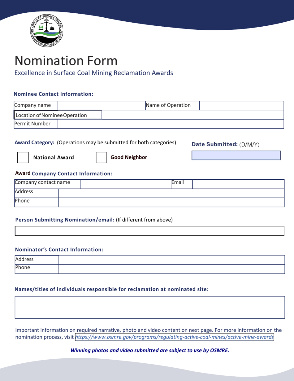 Excellence in Surface Coal Mining Reclamation Awards Nomination Form, Page 1