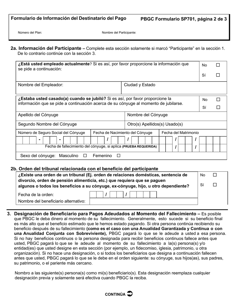 PBGC Formulario SP701 Formulario De Informacion Del Destinatario Del Pago (Spanish), Page 3