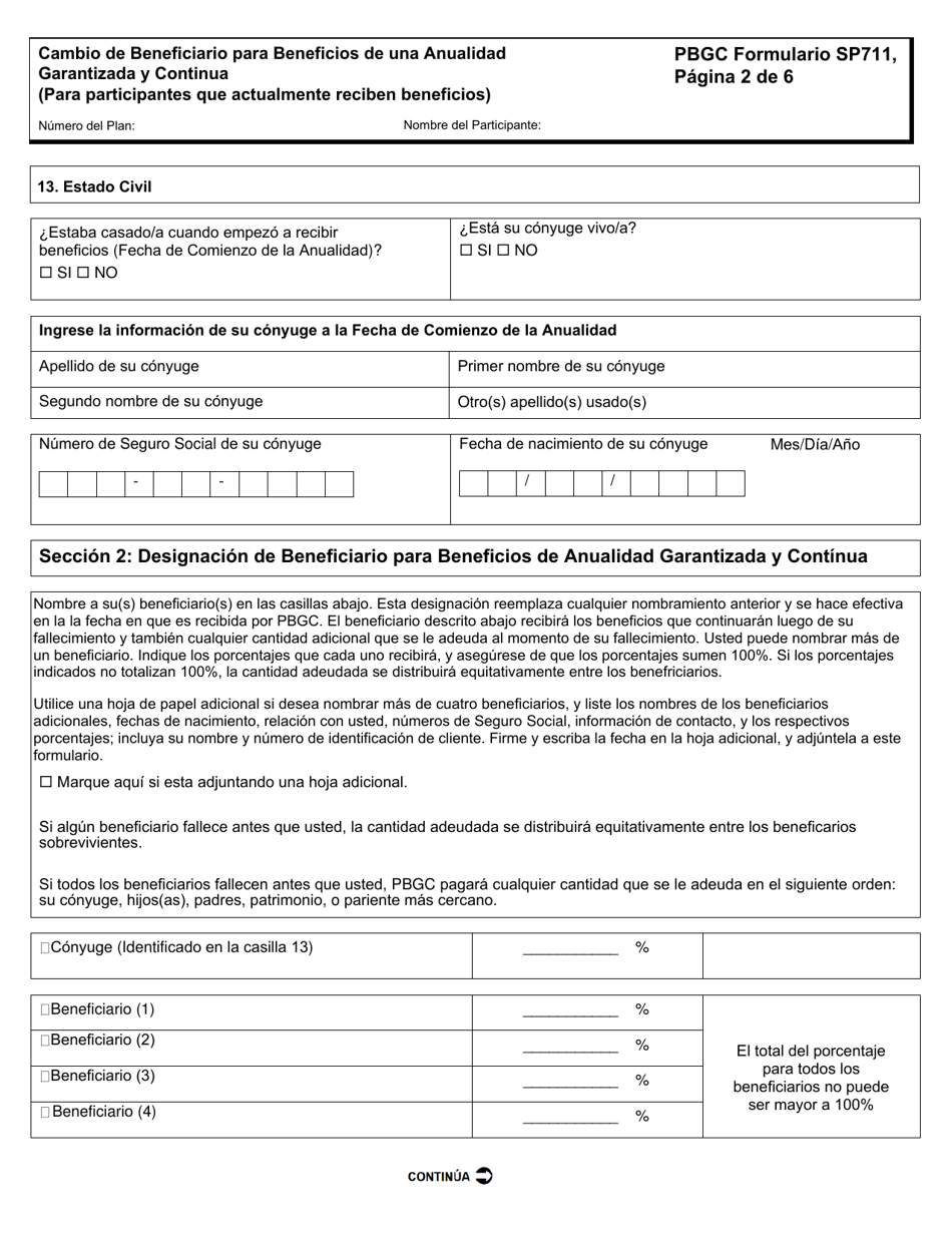 PBGC Formulario SP711 Cambio De Beneficiario Para Beneficios De Una Anualidad Garantizada Y Continua (Para Participantes Que Actualmente Reciben Beneficios) (Spanish), Page 3