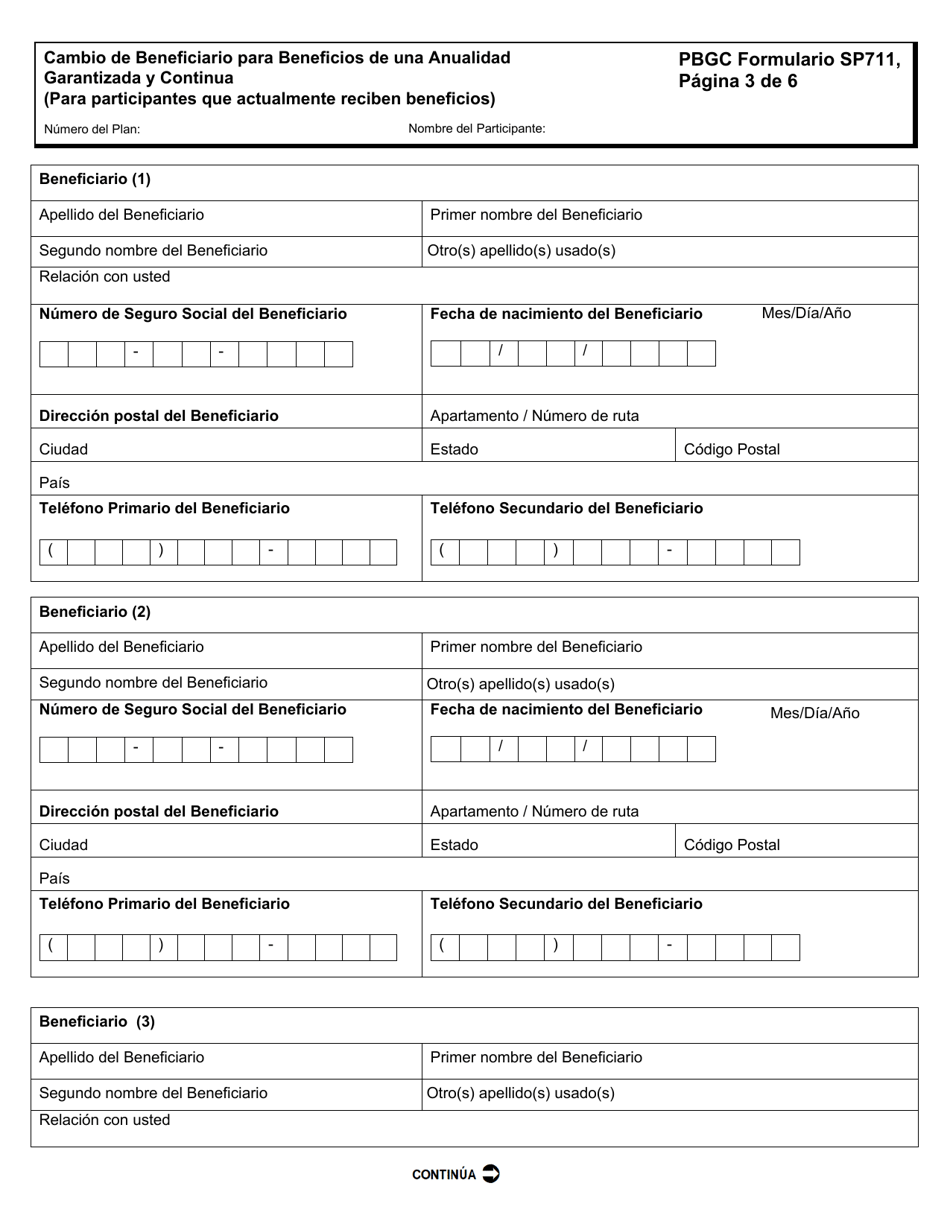 PBGC Formulario SP711 Cambio De Beneficiario Para Beneficios De Una Anualidad Garantizada Y Continua (Para Participantes Que Actualmente Reciben Beneficios) (Spanish), Page 4
