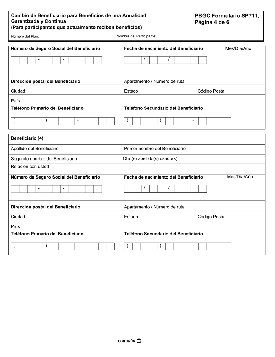PBGC Formulario SP711 Cambio De Beneficiario Para Beneficios De Una Anualidad Garantizada Y Continua (Para Participantes Que Actualmente Reciben Beneficios) (Spanish), Page 5