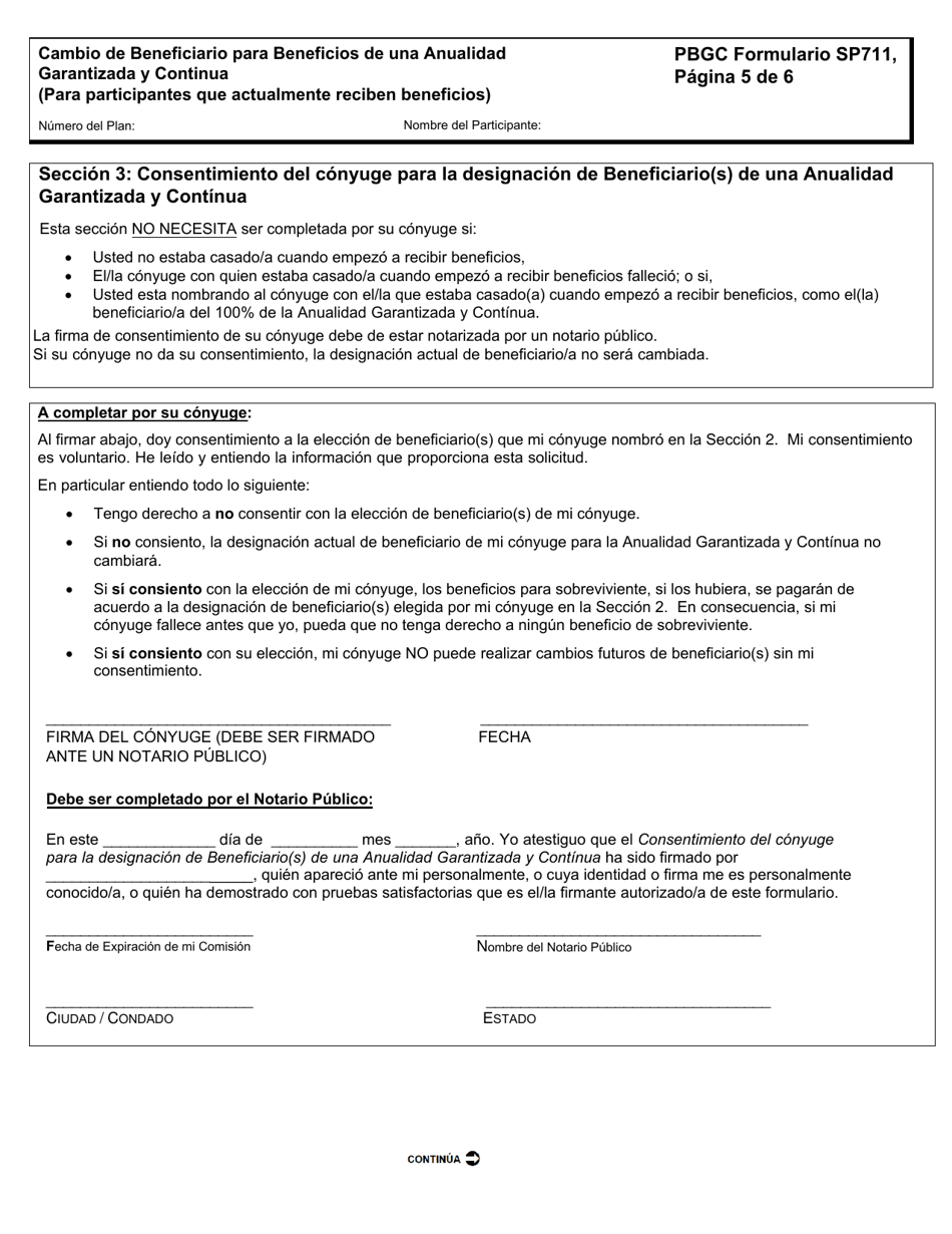 PBGC Formulario SP711 Cambio De Beneficiario Para Beneficios De Una Anualidad Garantizada Y Continua (Para Participantes Que Actualmente Reciben Beneficios) (Spanish), Page 6