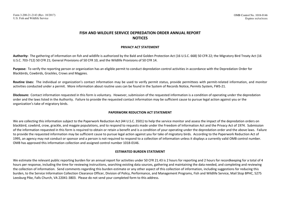 FWS Form 3-200-21-2143 Depredation Order Annual Report for Blackbirds, Grackles, Cowbirds, Magpies, and Crows, Page 3