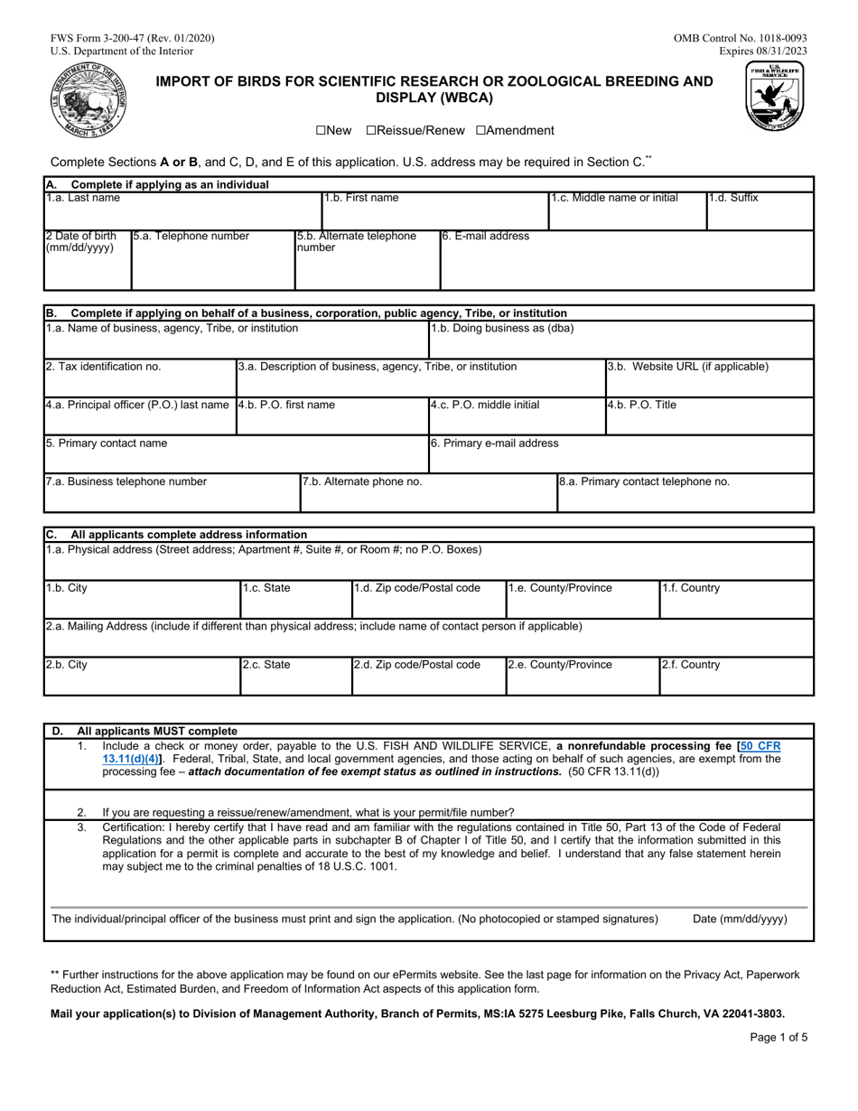 FWS Form 3-200-47 Import of Birds for Scientific Research or Zoological Breeding and Display (Wbca), Page 1