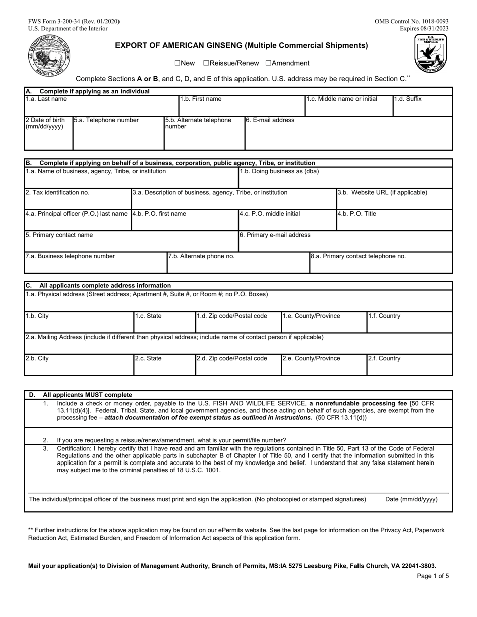 FWS Form 3-200-34 Export of American Ginseng (Multiple Commercial Shipments), Page 1
