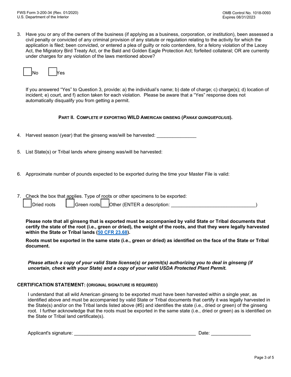 FWS Form 3-200-34 Export of American Ginseng (Multiple Commercial Shipments), Page 3